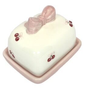 Pink Cherry Butter Dish Bow Lid Coquette Cottagecore Kawaii Kitchen Decor New